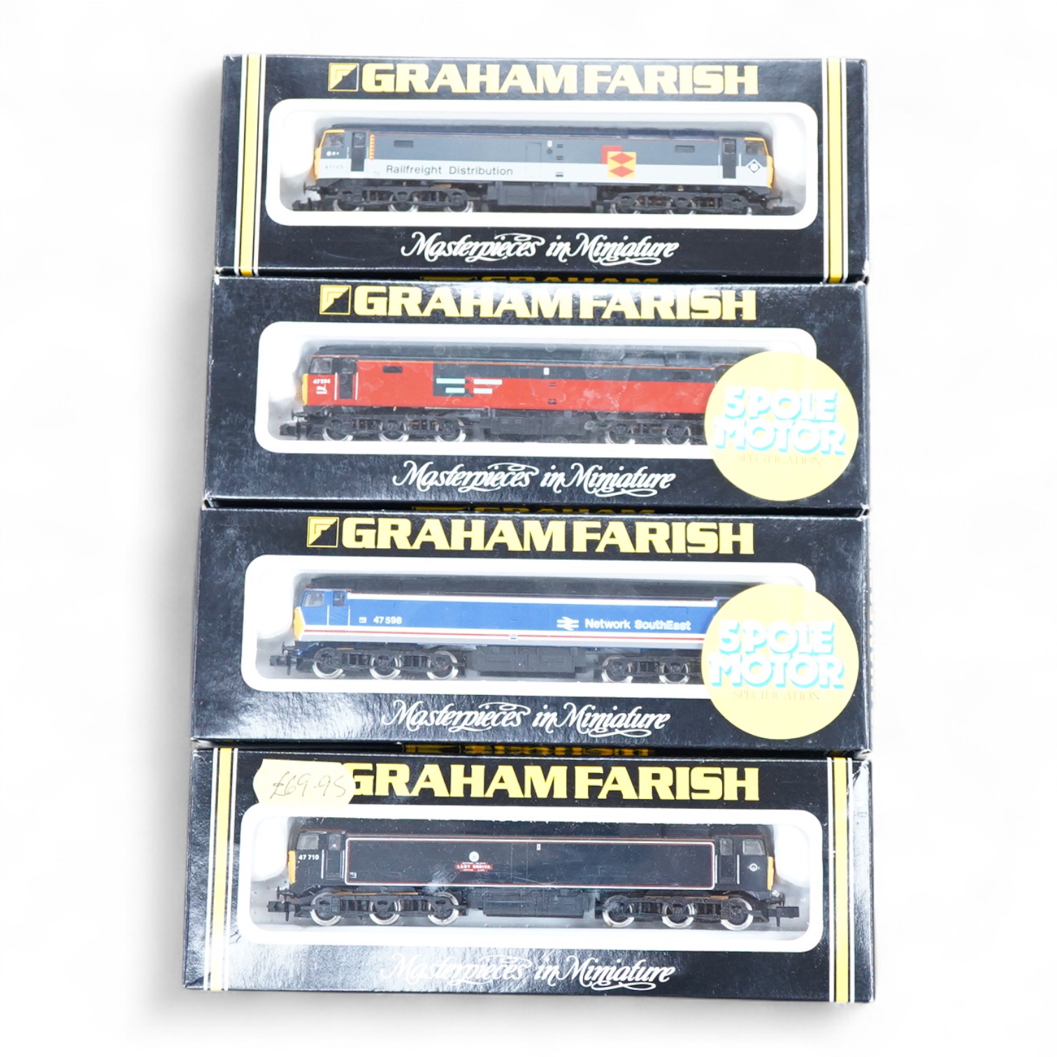 Four boxed Graham Farish N gauge railway Class 47 diesel locomotives; a Waterman Railways Heritage Class, Lady Godiva 47 710 (8022), a Network SouthEast, 47 598 (8024), a Rail Express, 47 594 (8025) and a Railfreight Dis